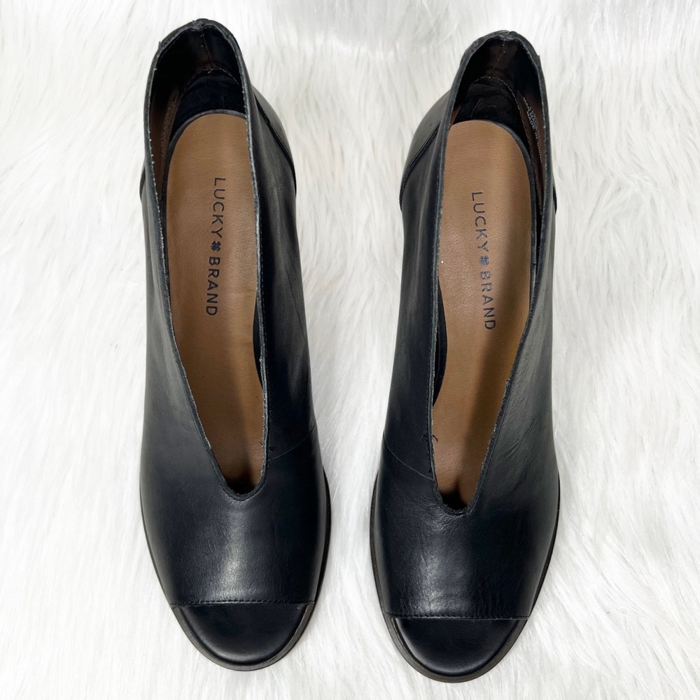 SOLD-Lucky Brand Black Leather Peep Toe Heel Shootie Ankle Boot Pumps - Picture 5 of 11